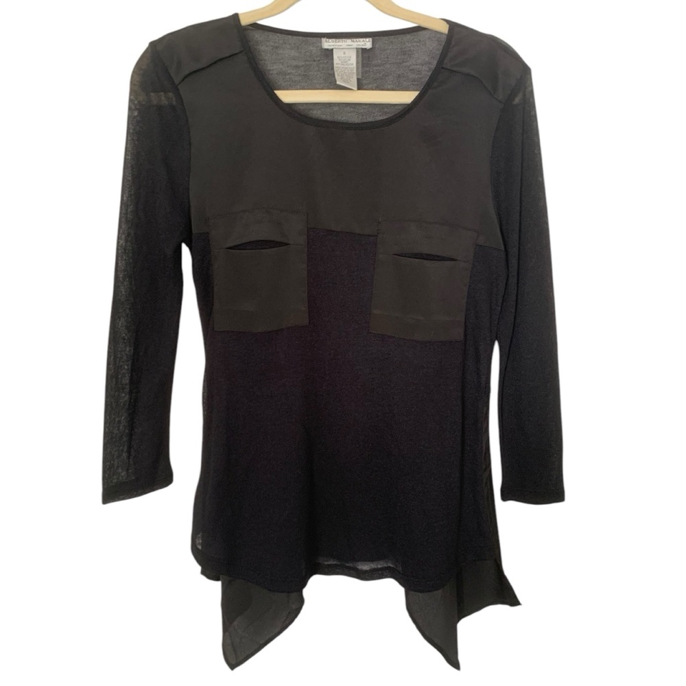 Alberto Makali Black Small Sheer Panels Whimsical Goth Scarf Hem Pocket Top